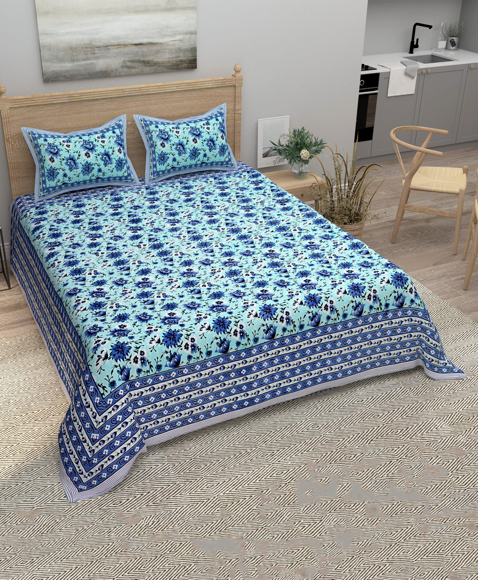 Bombay Spreads 100 Percent Cotton Blue Color King Size Bedsheet With 2 Pillow Covers 140 Thread Count-image-8