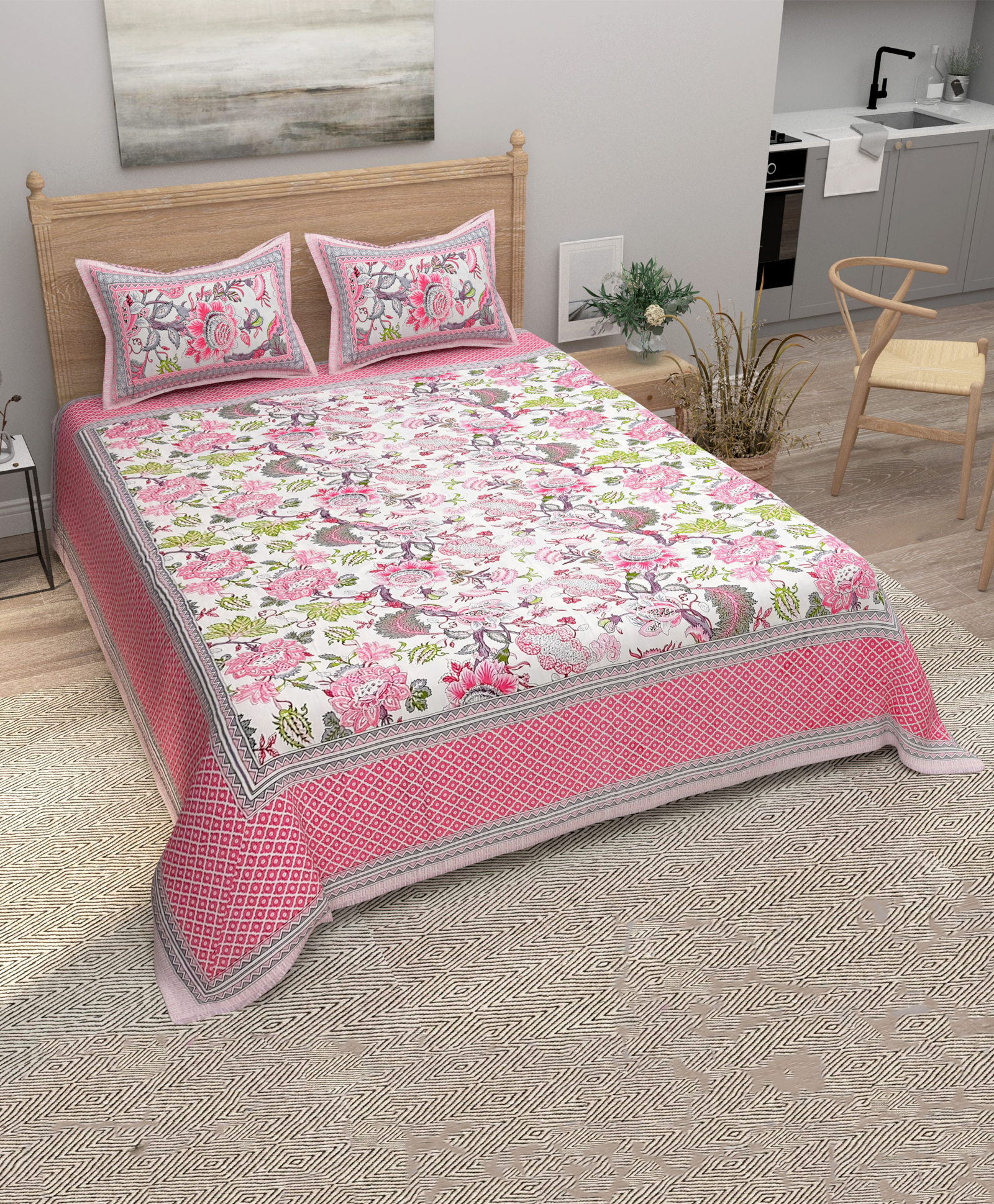 Bombay Spreads 100 Percent Cotton Pink Color King Size Bedsheet With 2 Pillow Covers 140 Thread Count-image-45