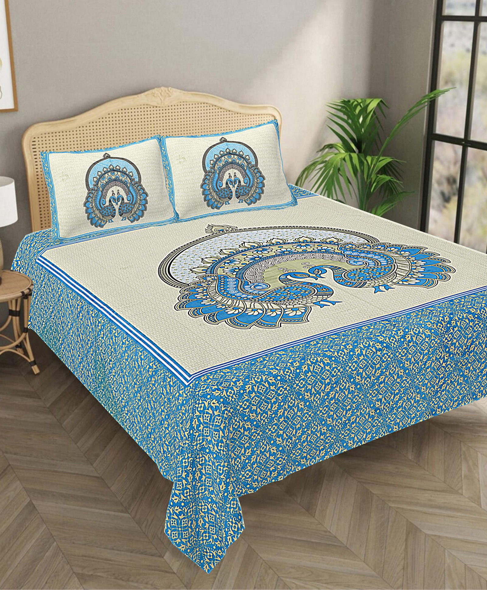 Bombay Spreads 100 Percent Cotton Blue Color King Size Bedsheet With 2 Pillow Cover 140 Thread Count-image-37