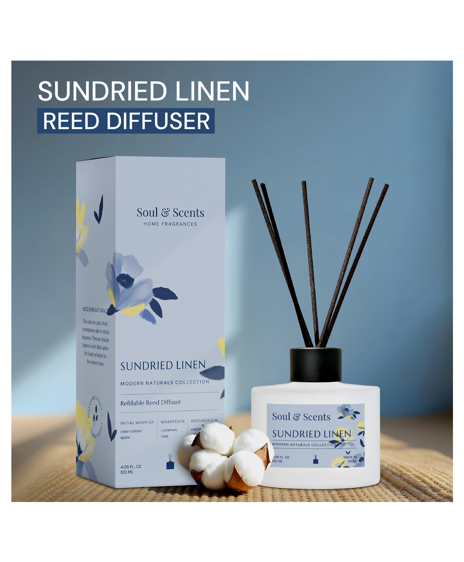 Soul & Scents Sundried Linen Fragrance 120 ml Reed Diffuser Set with 6 reed sticks-image-34
