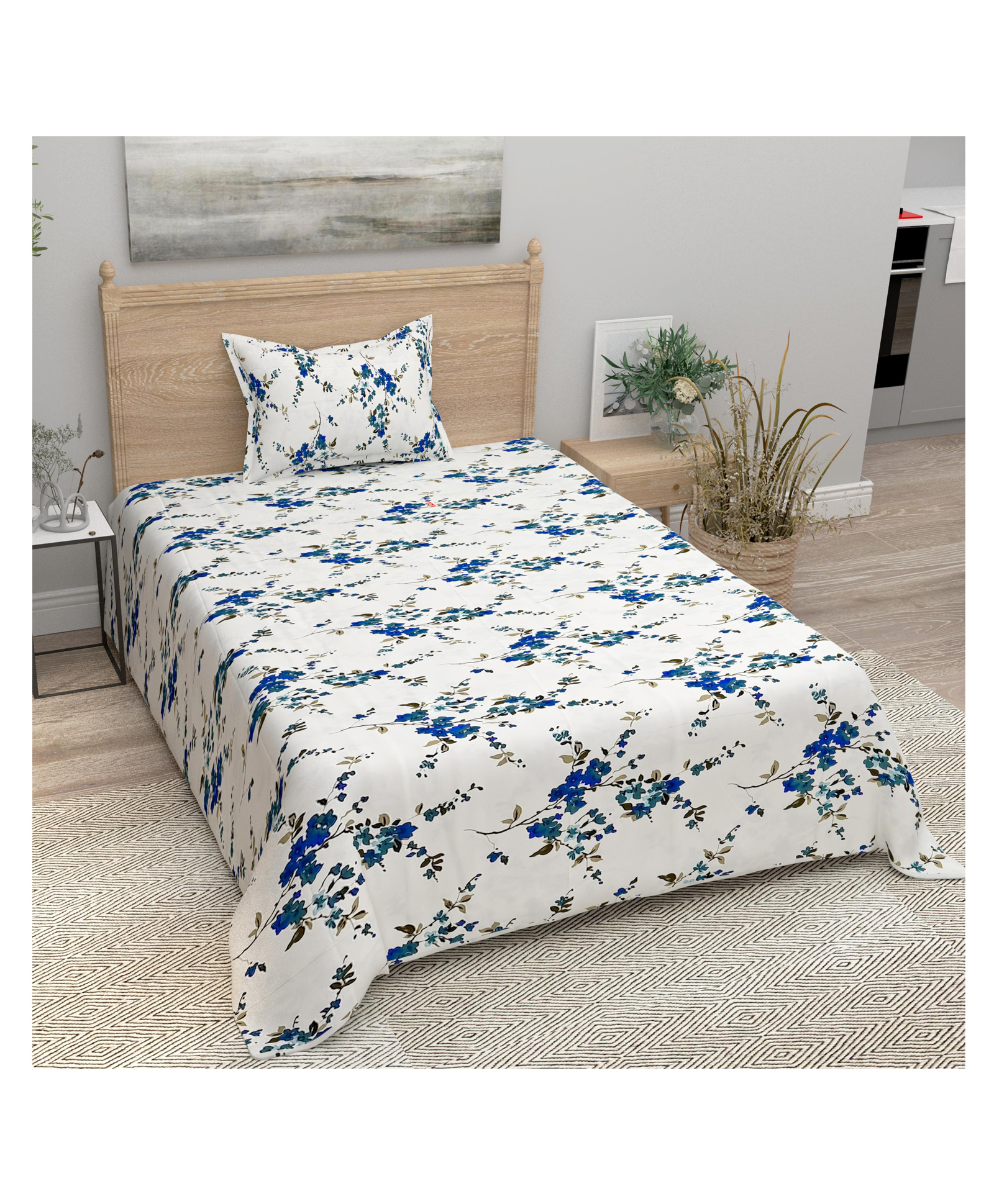 Bombay Spreads Blue Color 100 Percent Cotton Single Bedsheet With 1 Pillow Cover 144 Thread Count-picture-13