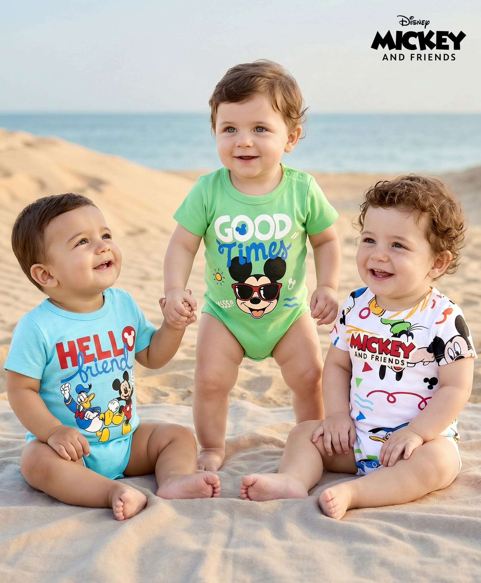 Babyhug Disney Interlock Knit Half Sleeves Onesies With Mickey Mouse Graphics Pack Of 3 - Light Blue Light Green & White-picture-26
