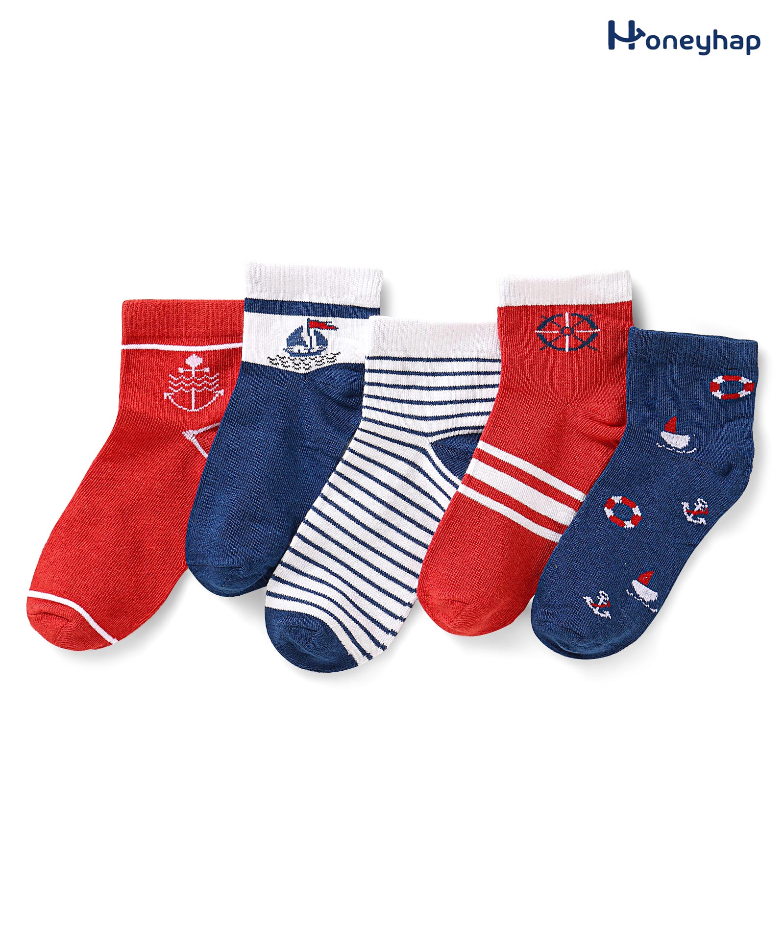 Honeyhap Premium Cotton With Bio Finish Bamboo Spandex Socks With Stripes & Nautical Print Pack of 5 - Navy Red & White-image-19