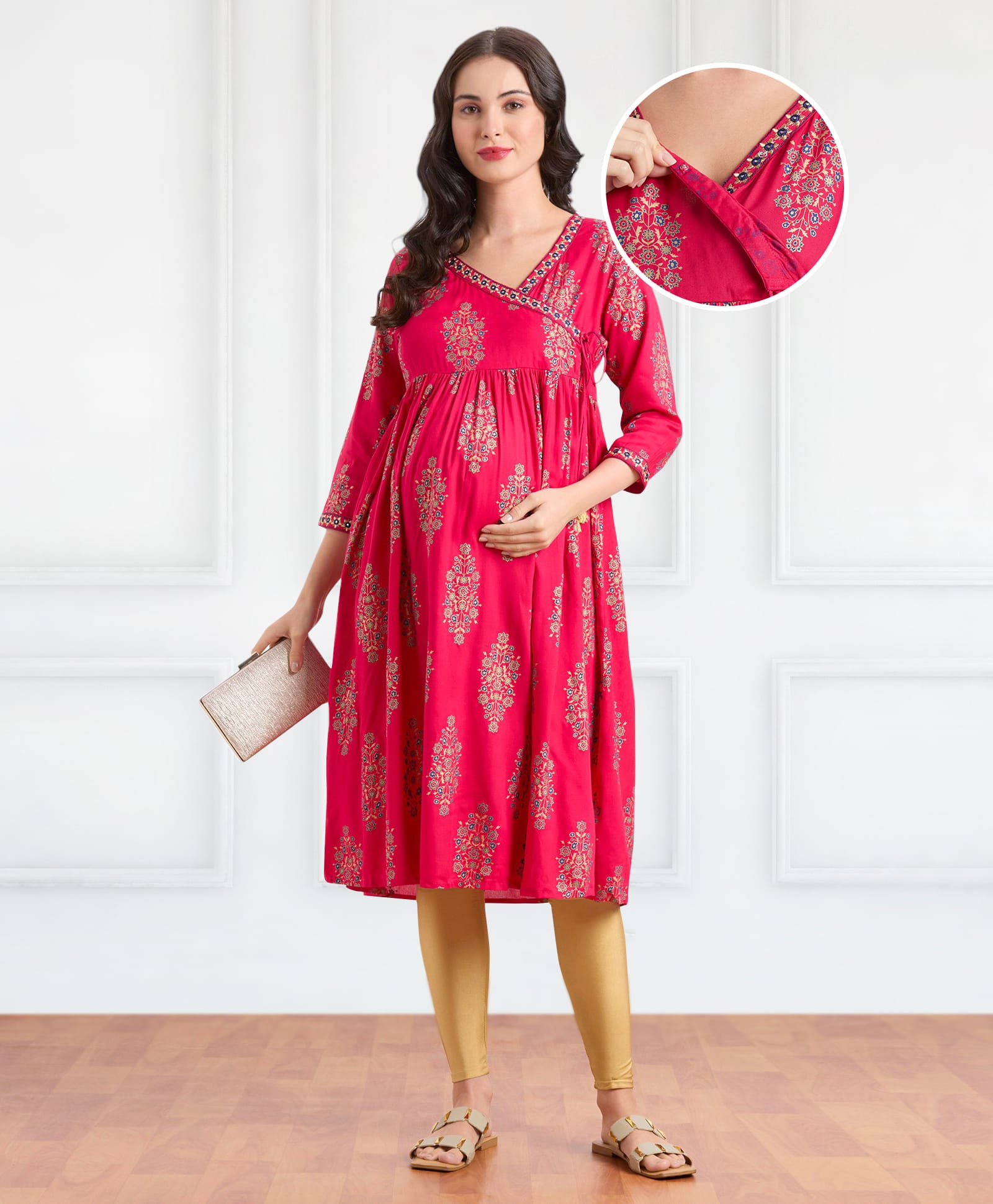 Bella Mama Woven Three Fourth Sleeves Maternity Kurta with Embroidered Neck & Pocket -Dark pink-image-38