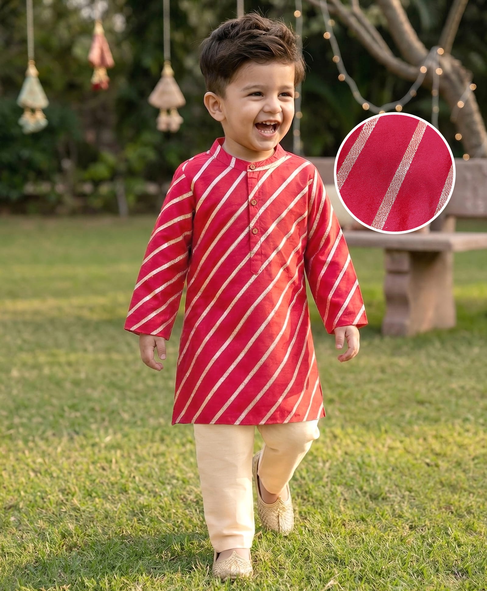 Babyhug Woven Full Sleeves Kurta Pyjama Set with Stripes - Red-image-32