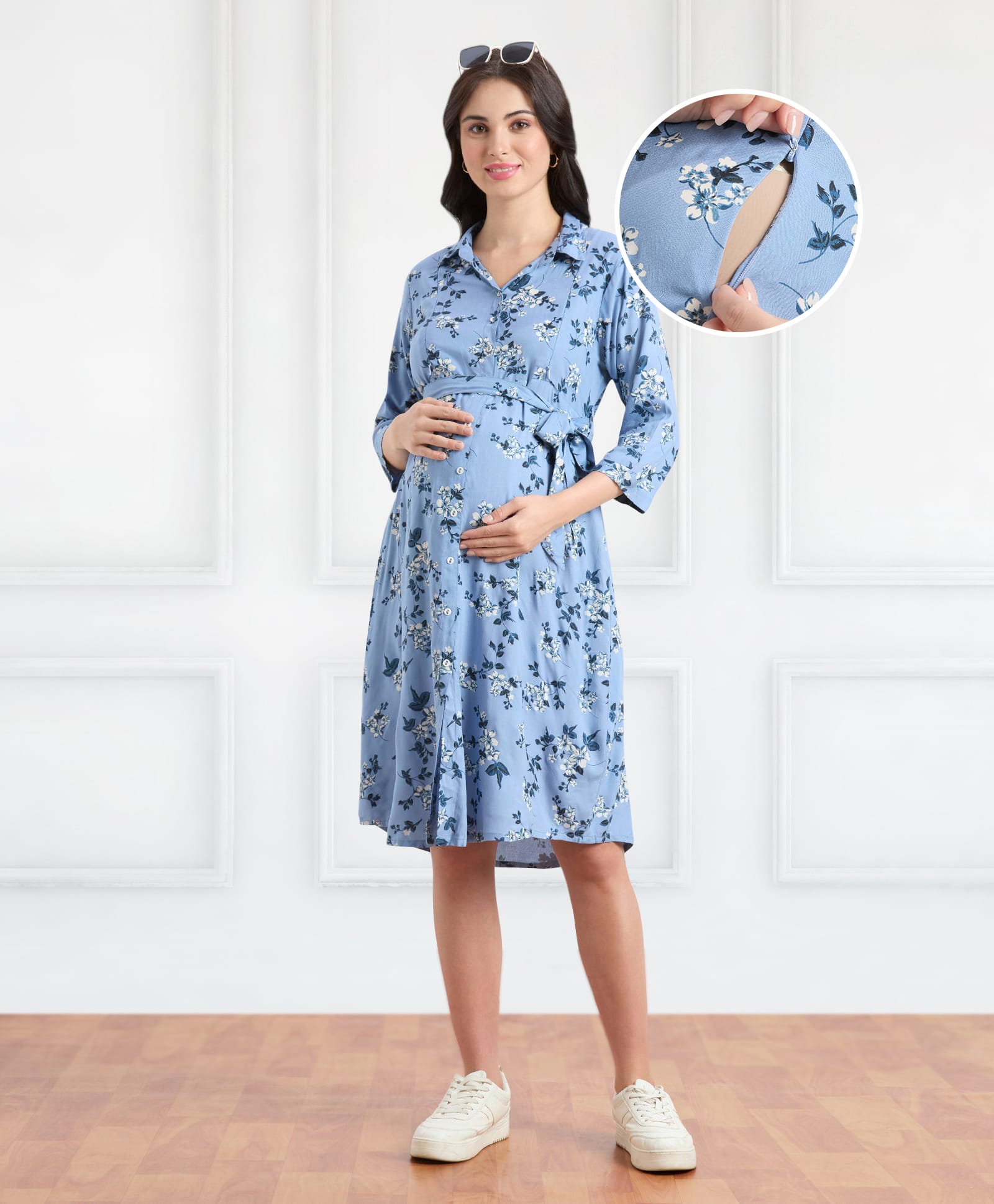 Bella Mama WovenThree Fourth Sleeves Shirt Maternity DressWith Floral Print - Light Blue-image-41