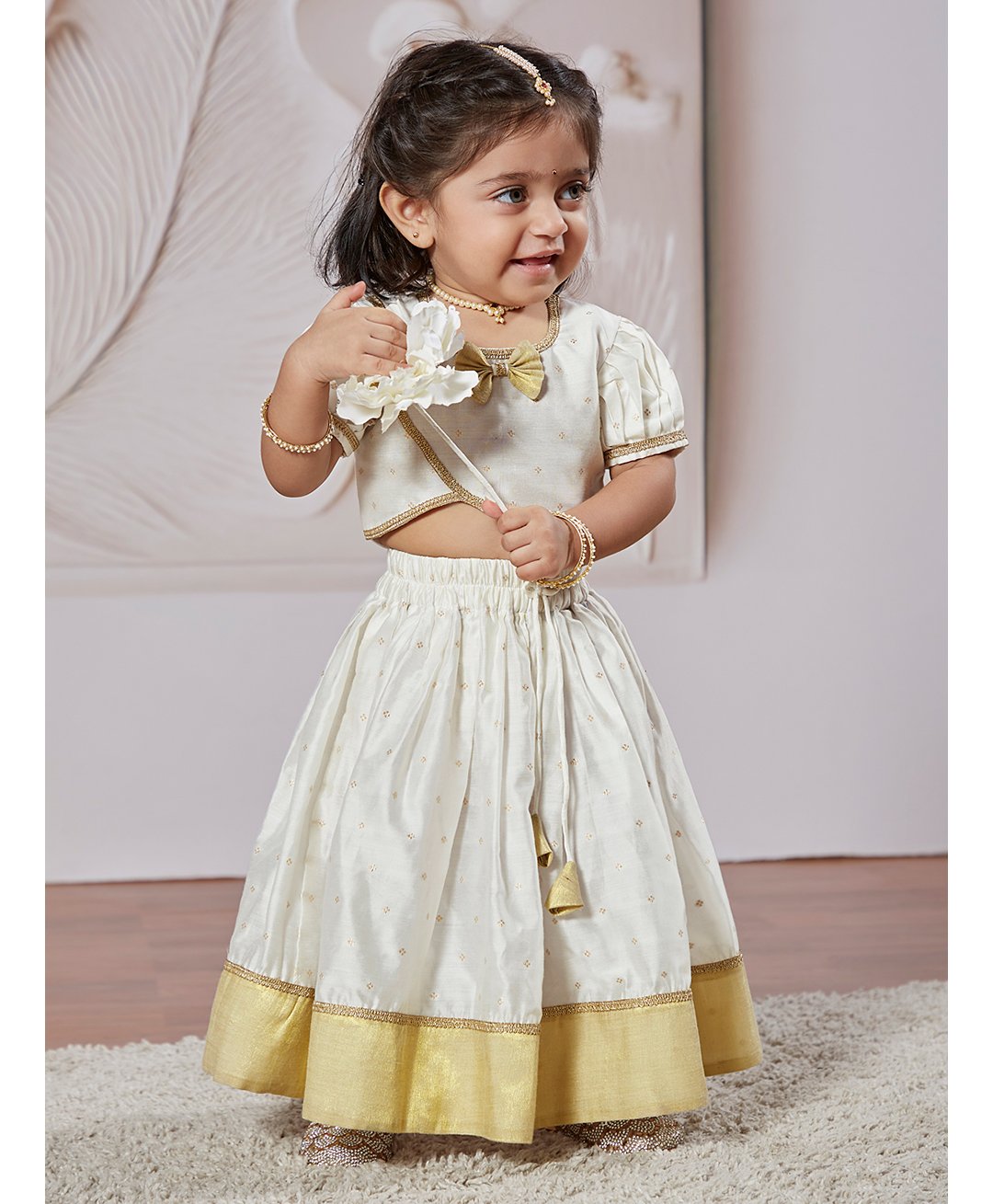Vastramay Chanderi Half Puffed Sleeves Abstract Foil Printed Bow Applique Detailed Lehenga Choli Set - White-image-12