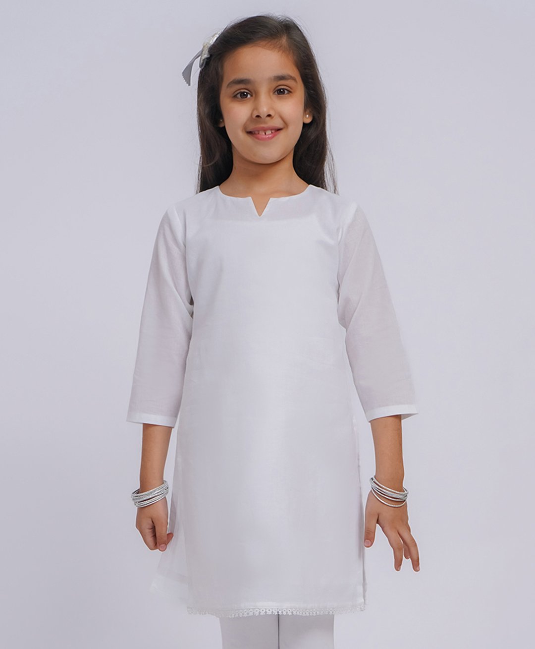 Vastramay Cotton Three Fourth Sleeves Solid Kurta - White-image-18