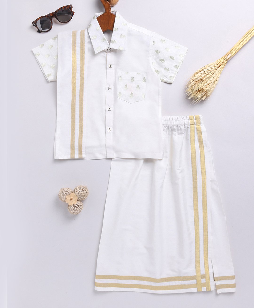 Vastramay Viscose Half Sleeves Ethnic Foil Printed Shirt & Mundu With Angavastram Set - White-image-1