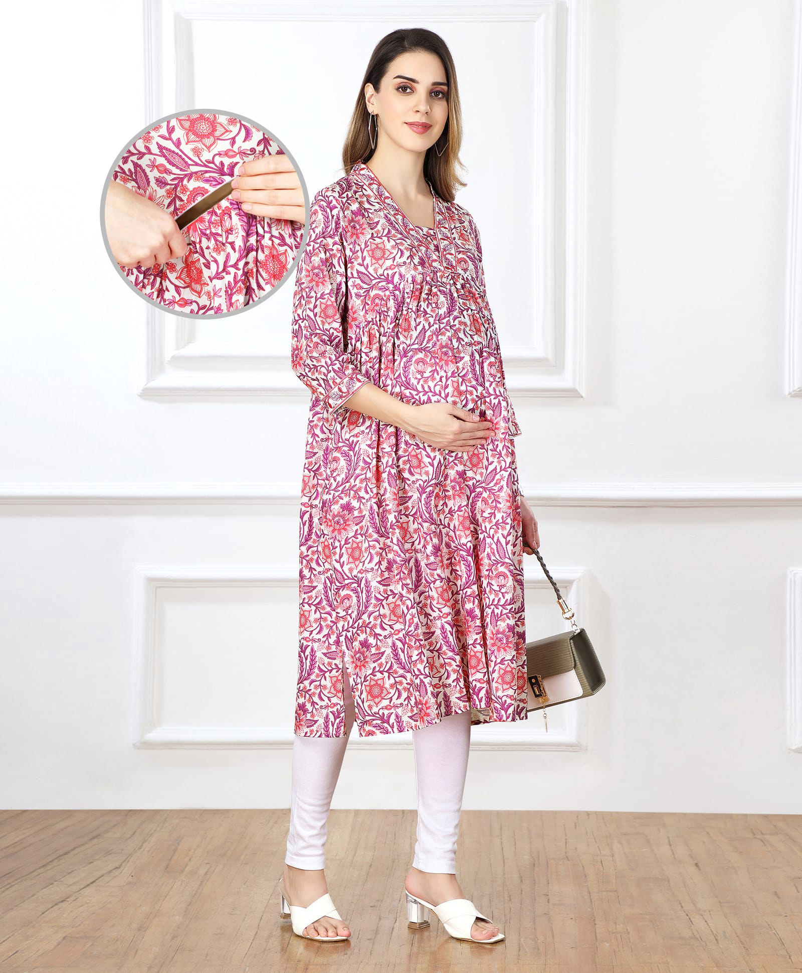 Bella Mama Woven Three Fourth Sleeves Floral Printed Maternity Kurta withEmbroidered Collar & Pocket- Pink-picture-37