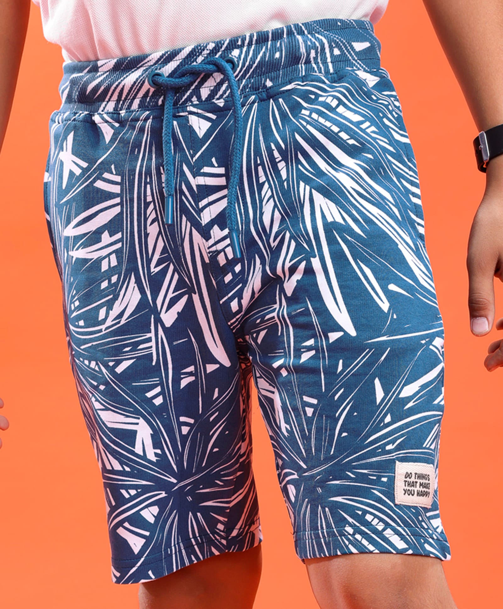 Pine Kids Looper Knit Above Knee Length Shorts With Leaf Print - Royal Blue-picture-32
