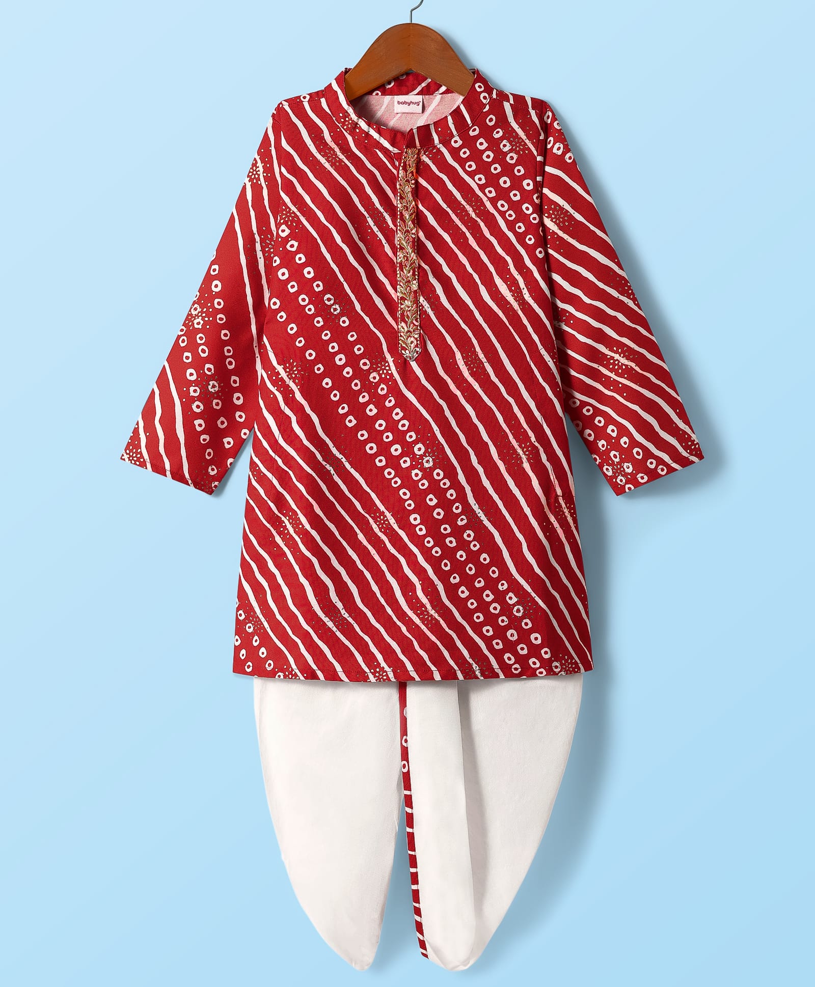 Babyhug Woven Full Sleeves Striped Kurta Dhoti Set With Foil Print - Red & White-image-35