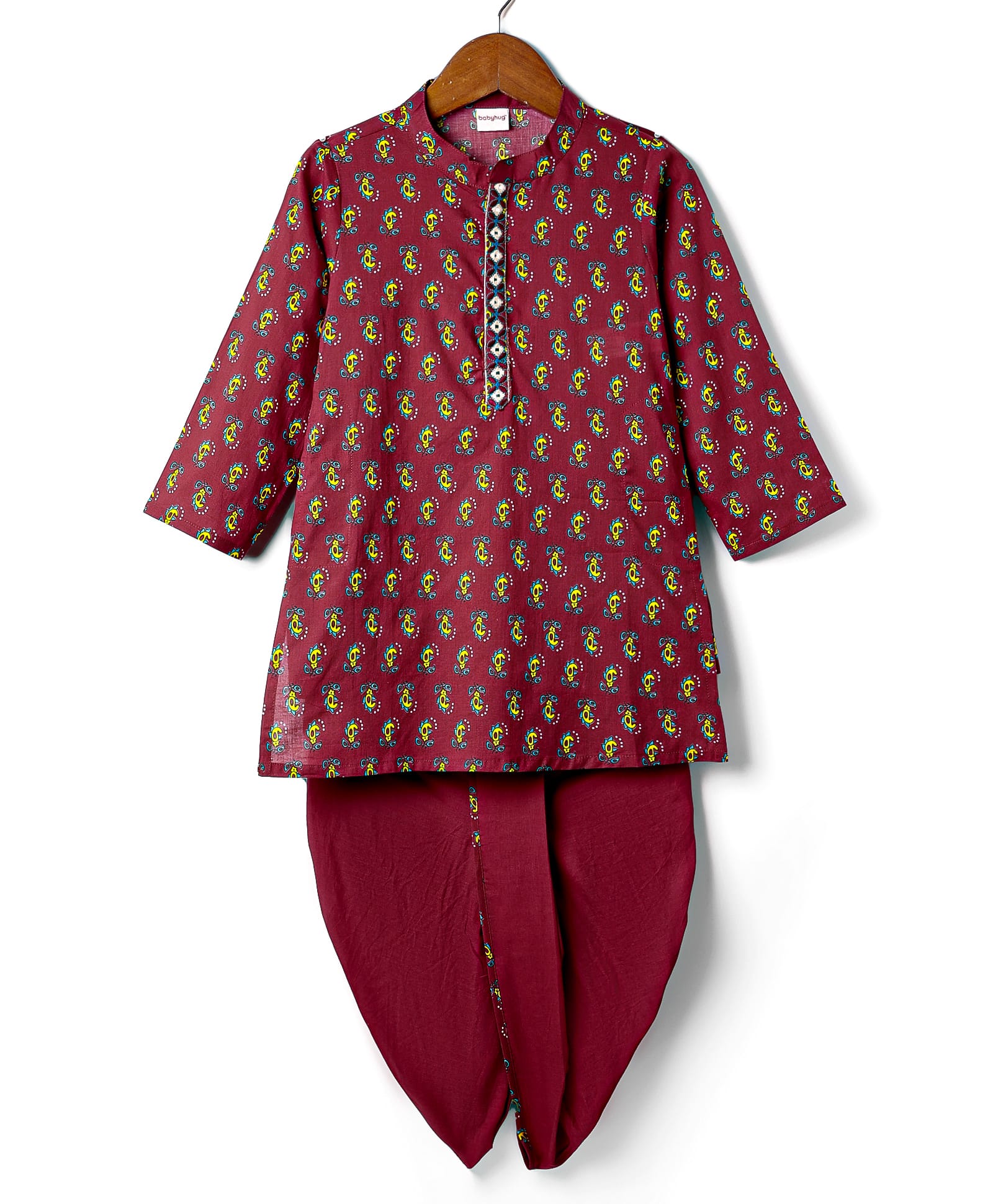 Babyhug Woven Full Sleeves Kurta Dhoti Set With Kolka Motif Print - Marroon-picture-28