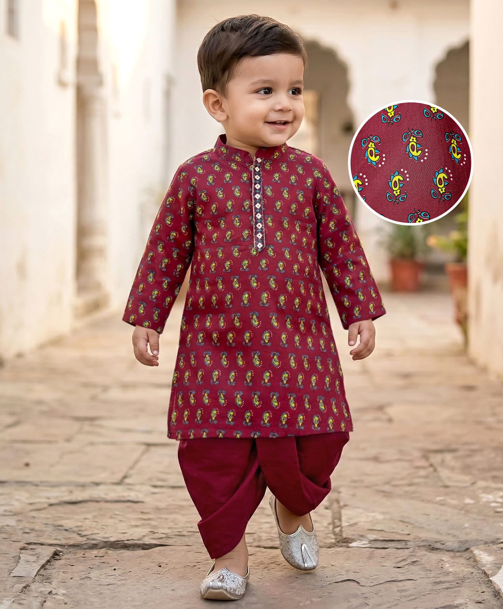 Babyhug Woven Full Sleeves Kurta Dhoti Set With Kolka Motif Print - Marroon-image-40