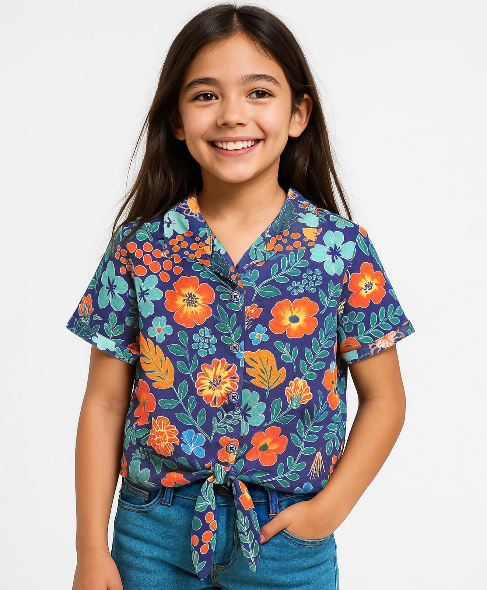 Pine Kids Woven Half Sleeves Shirt Style Top with Floral Print & Knot Detailing - Navy Blue-picture-28