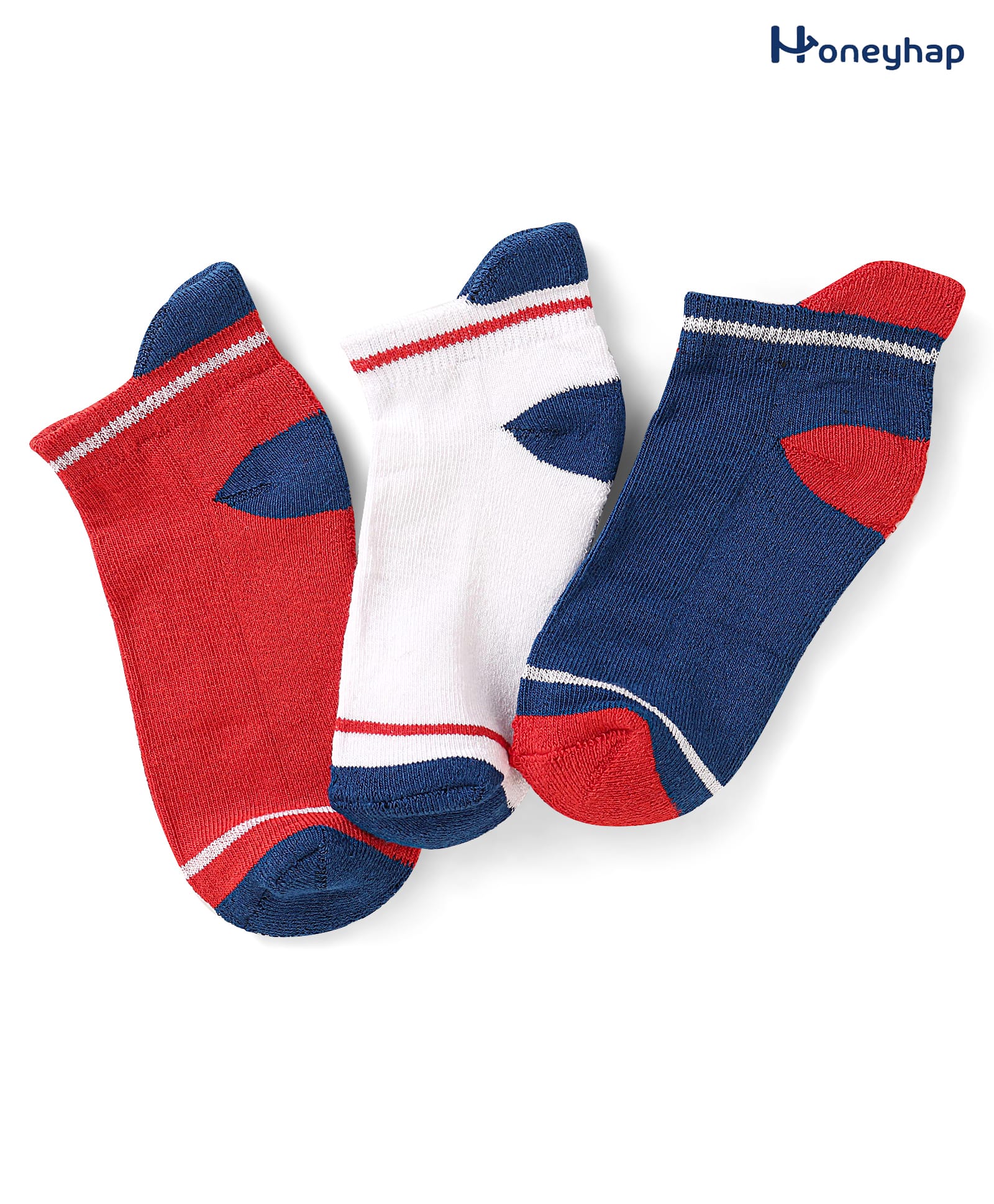 Honeyhap Premium Cotton With Bio Finish Bamboo Spandex Socks With Stripes & Colorblock Pattern Pack of 3 - Navy Red & White-picture-24