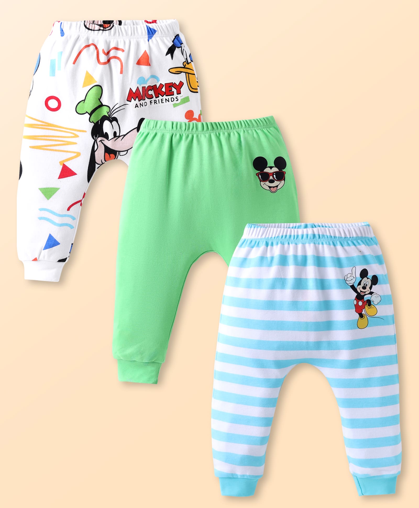 Babyhug Disney Interlock Knit Diaper Leggings With Mickey Mouse Graphics Pack of 3 - White Green & Light Blue-image-46