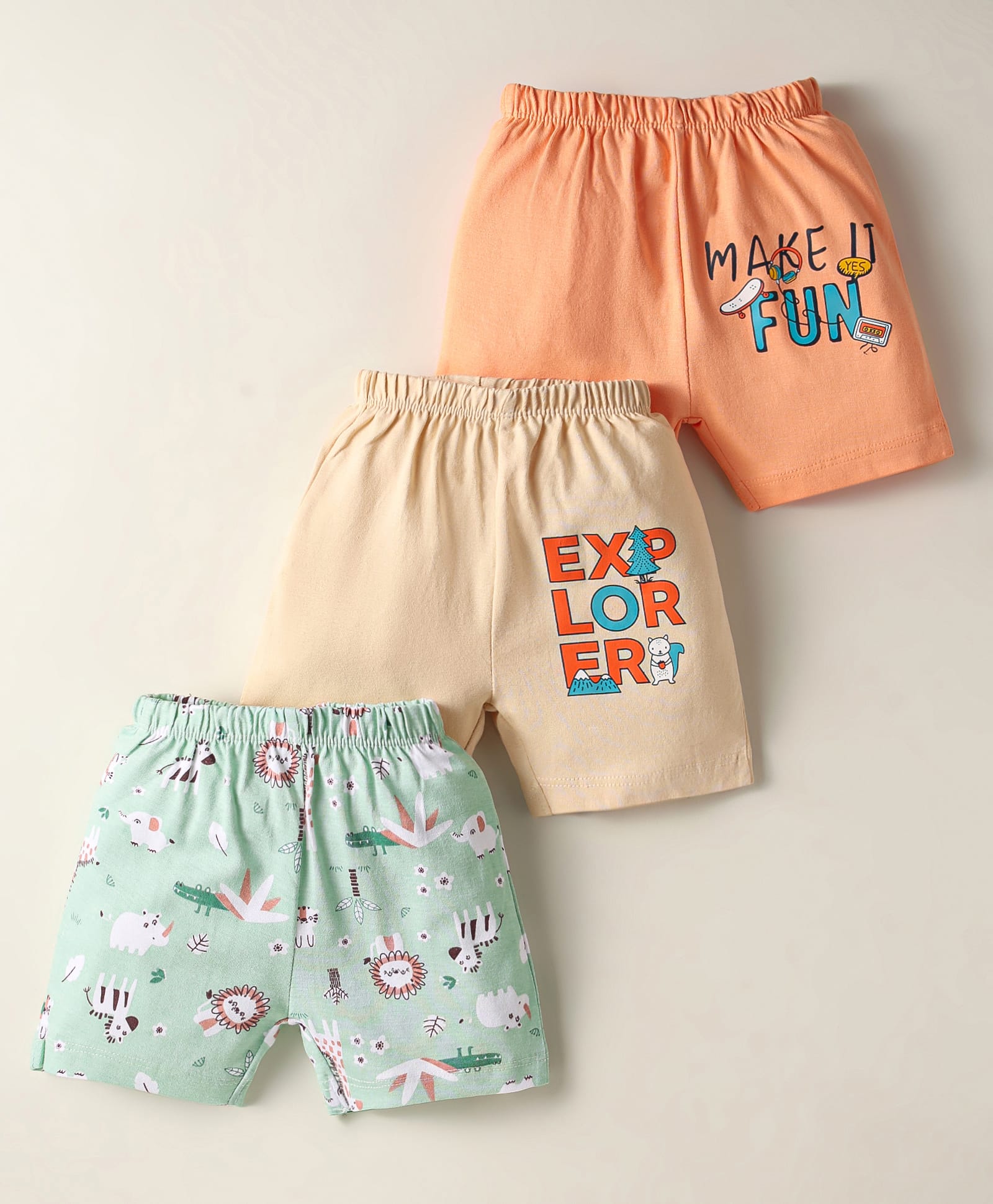 OHMS Single Jersey Knee Length Shorts With Animal & Text Print Pack Of 3 - Orange Tan & Sea Green-picture-28