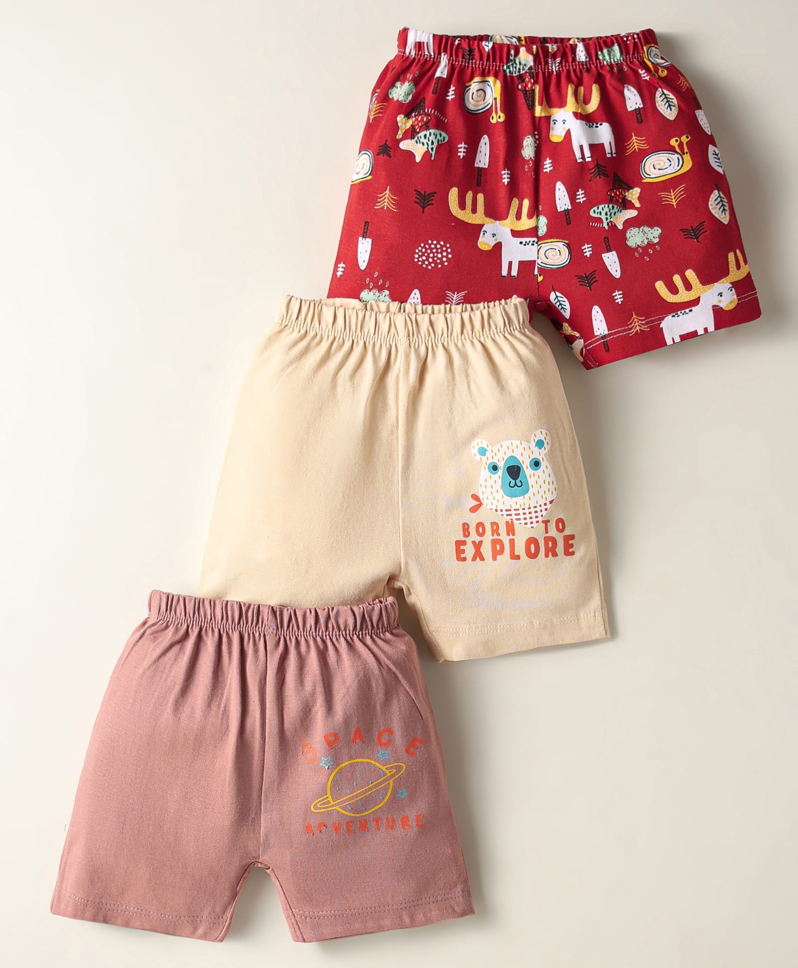 OHMS Single Jersey Knee Length Shorts With Animal Print Pack Of 3 - Red Beige & Pink-image-21
