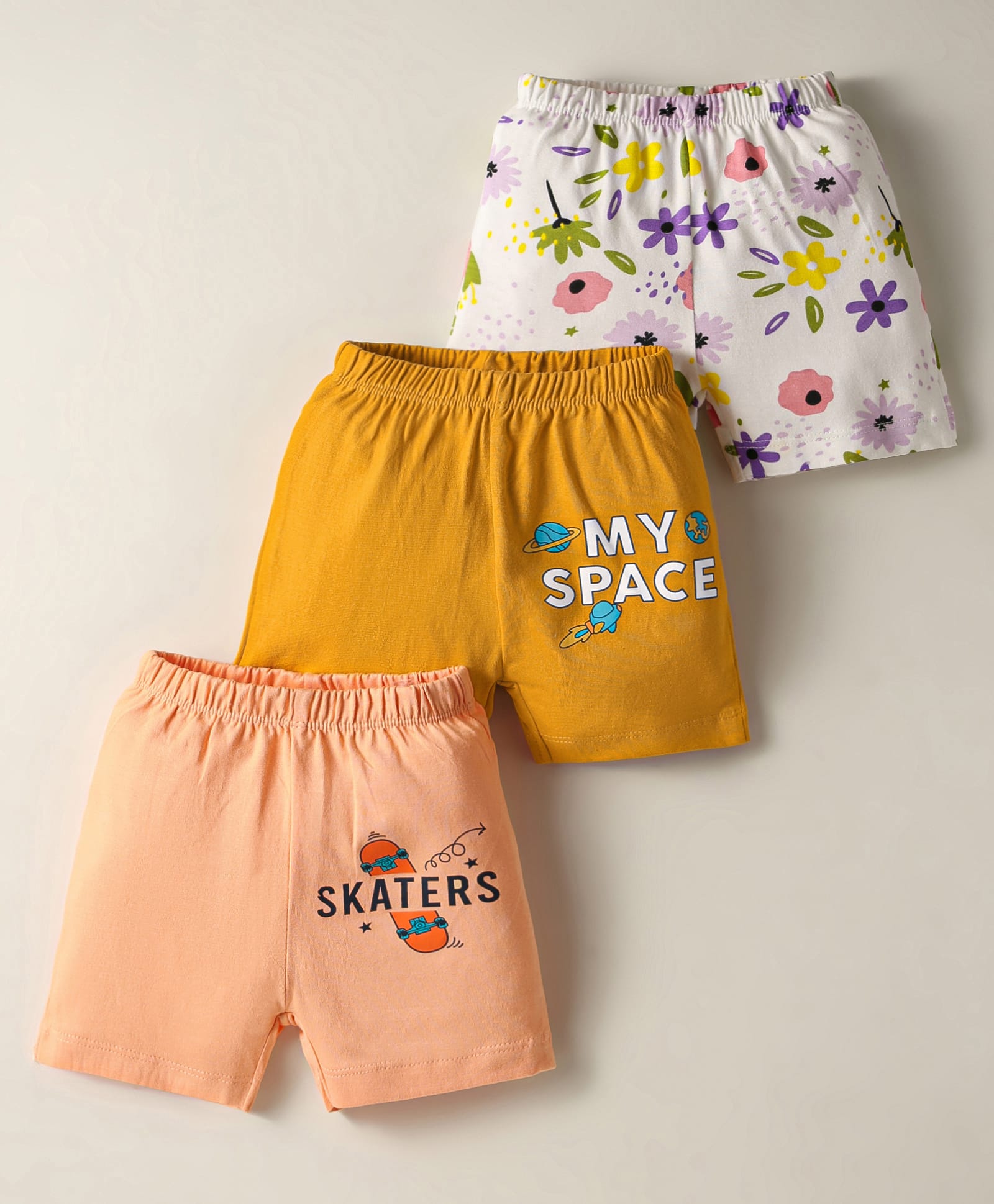 OHMS Single JerseyKnee Length Shorts With Floral Print Pack Of 3 - White Orange & Mustard-picture-21