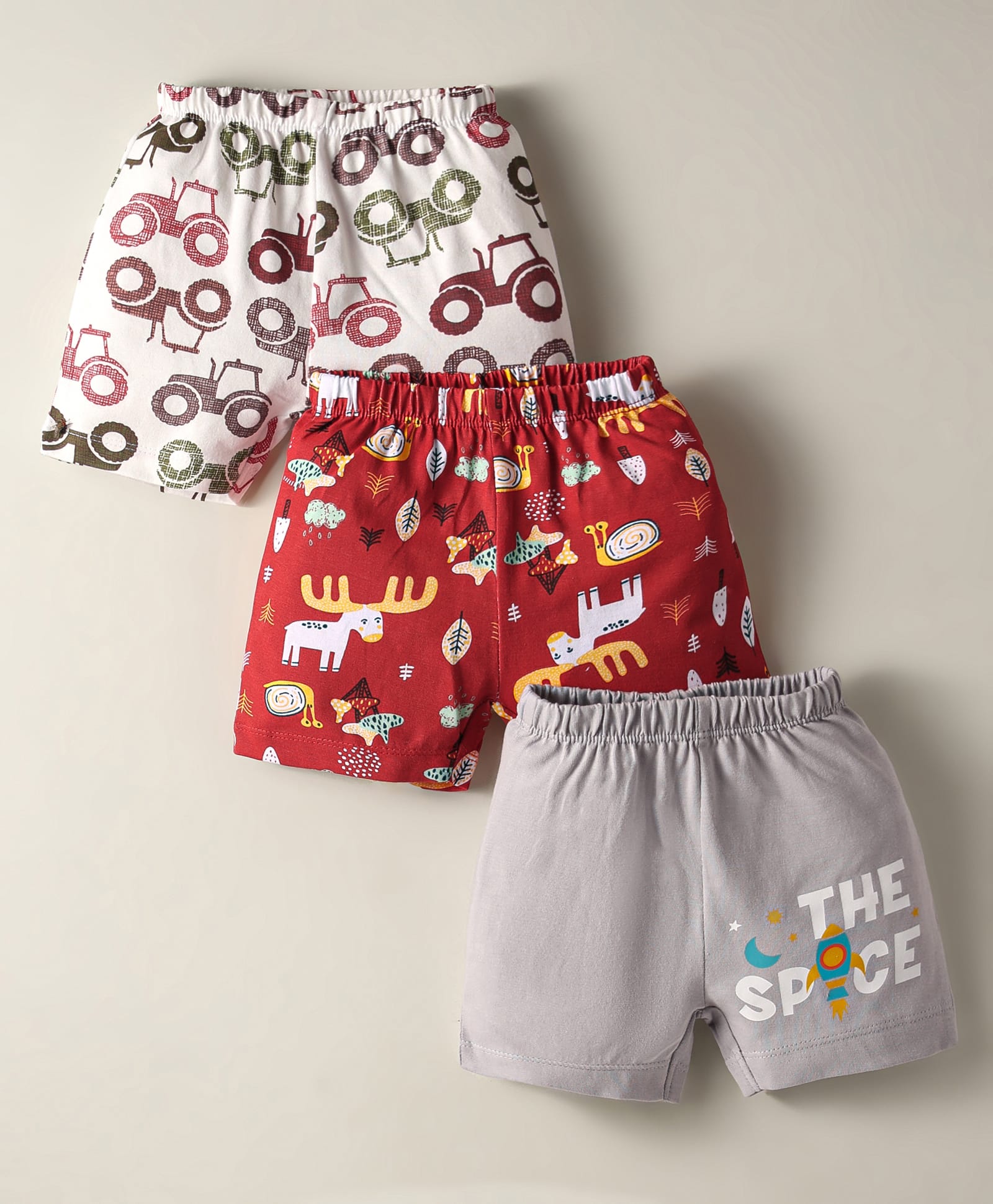 OHMS Single Jersey Knee Length Shorts With Vehicle & Animal Print Pack Of 3 - Red White & Grey-picture-19