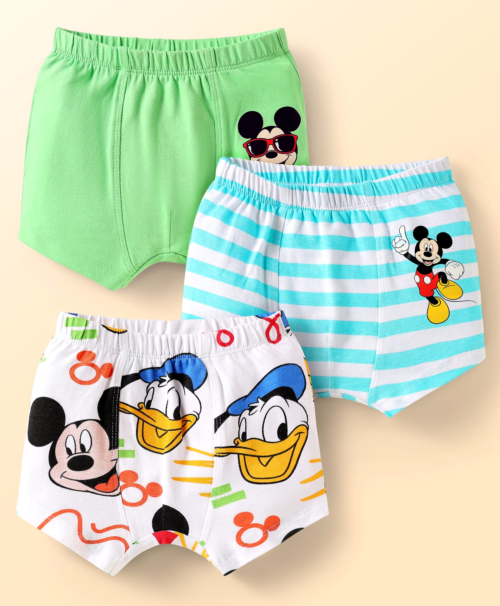 Babyhug Disney Interlock Knit Trunks With Mickey Mouse Print Pack Of 3 - White Light Blue & Light Green-image-39