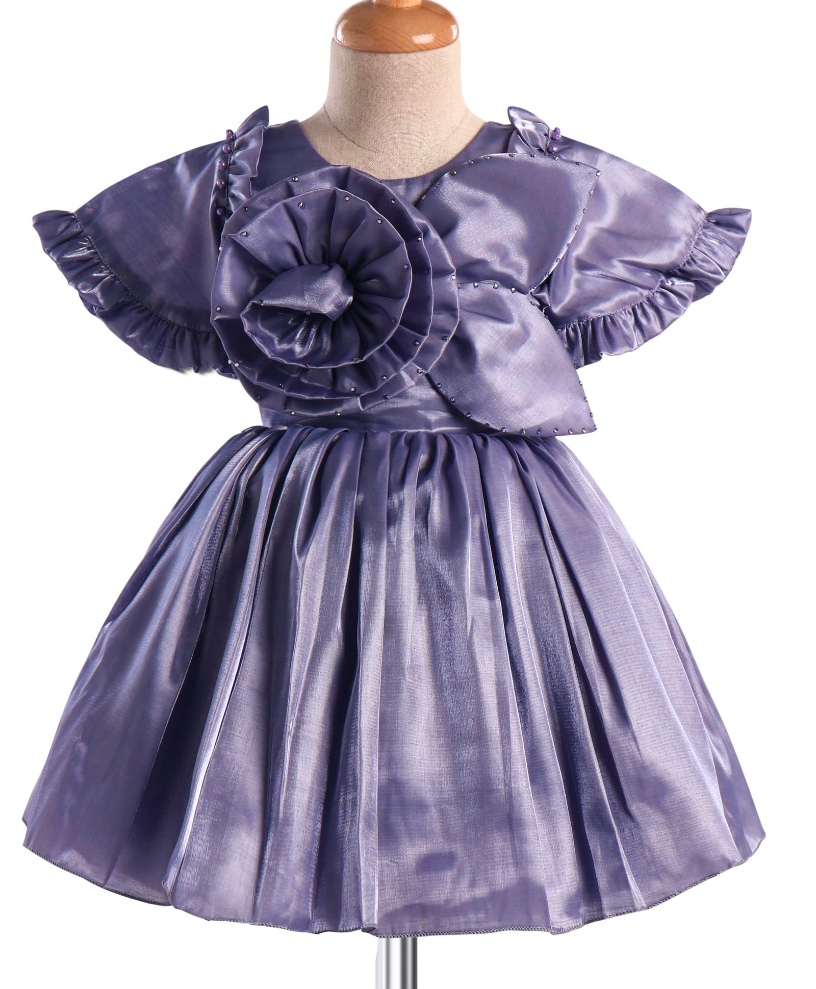 Enfance Half Sleeves Floral Applique Stone Embellished Pleated Dress - Grey-picture-11