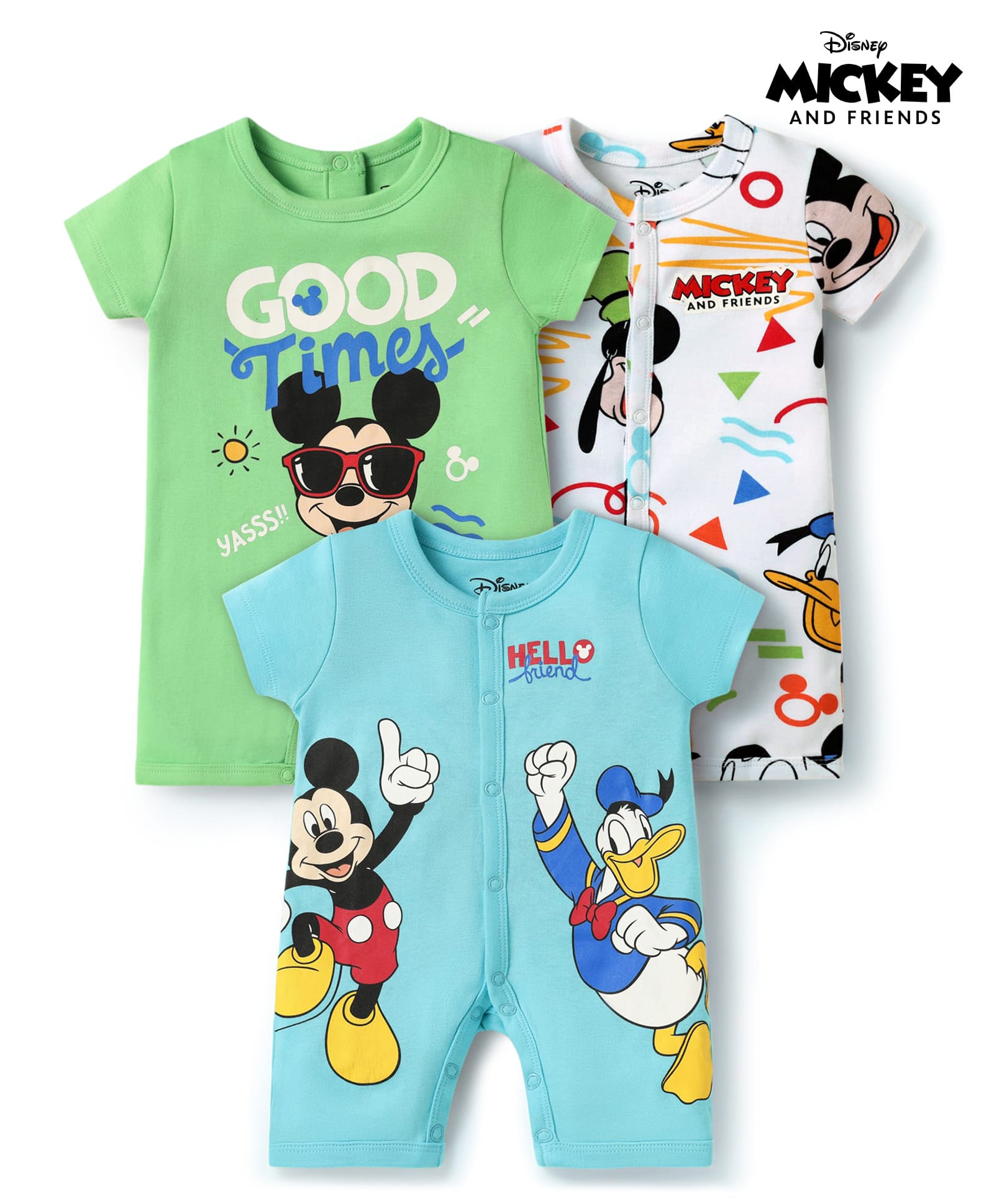Babyhug Disney Interlock Knit Half Sleeves Rompers With Mickey Mouse Graphics Pack Of 3 - Light Blue & White-picture-23