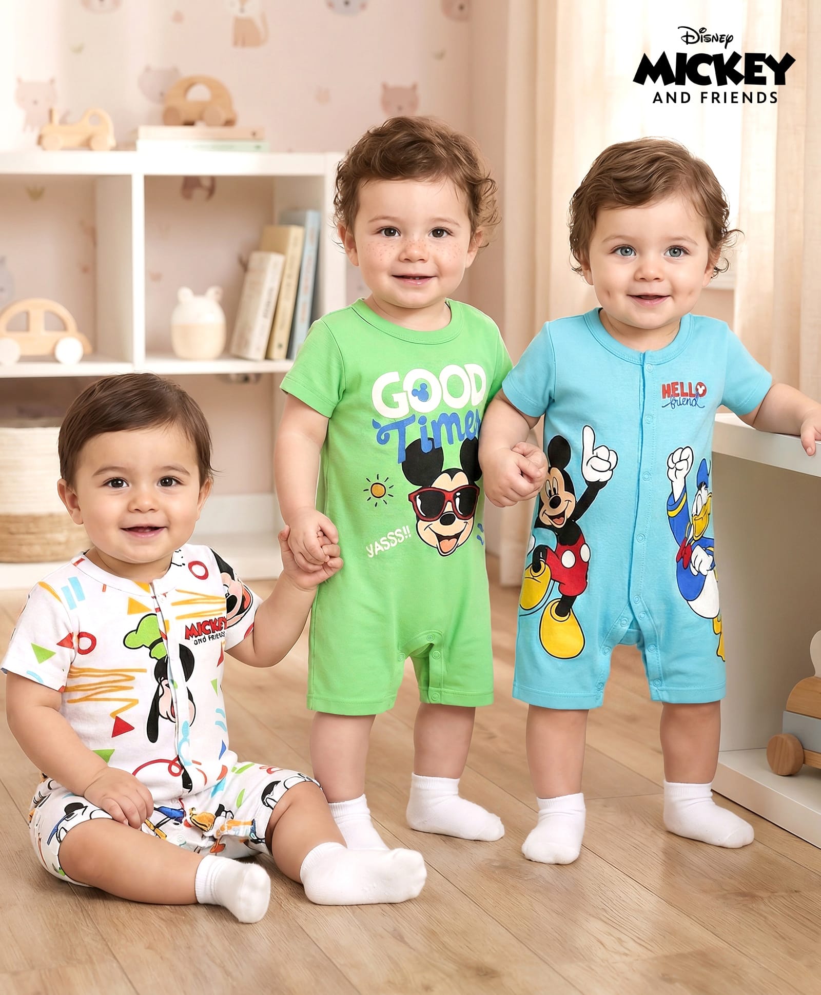 Babyhug Disney Interlock Knit Half Sleeves Rompers With Mickey Mouse Graphics Pack Of 3 - Light Blue & White-image-37