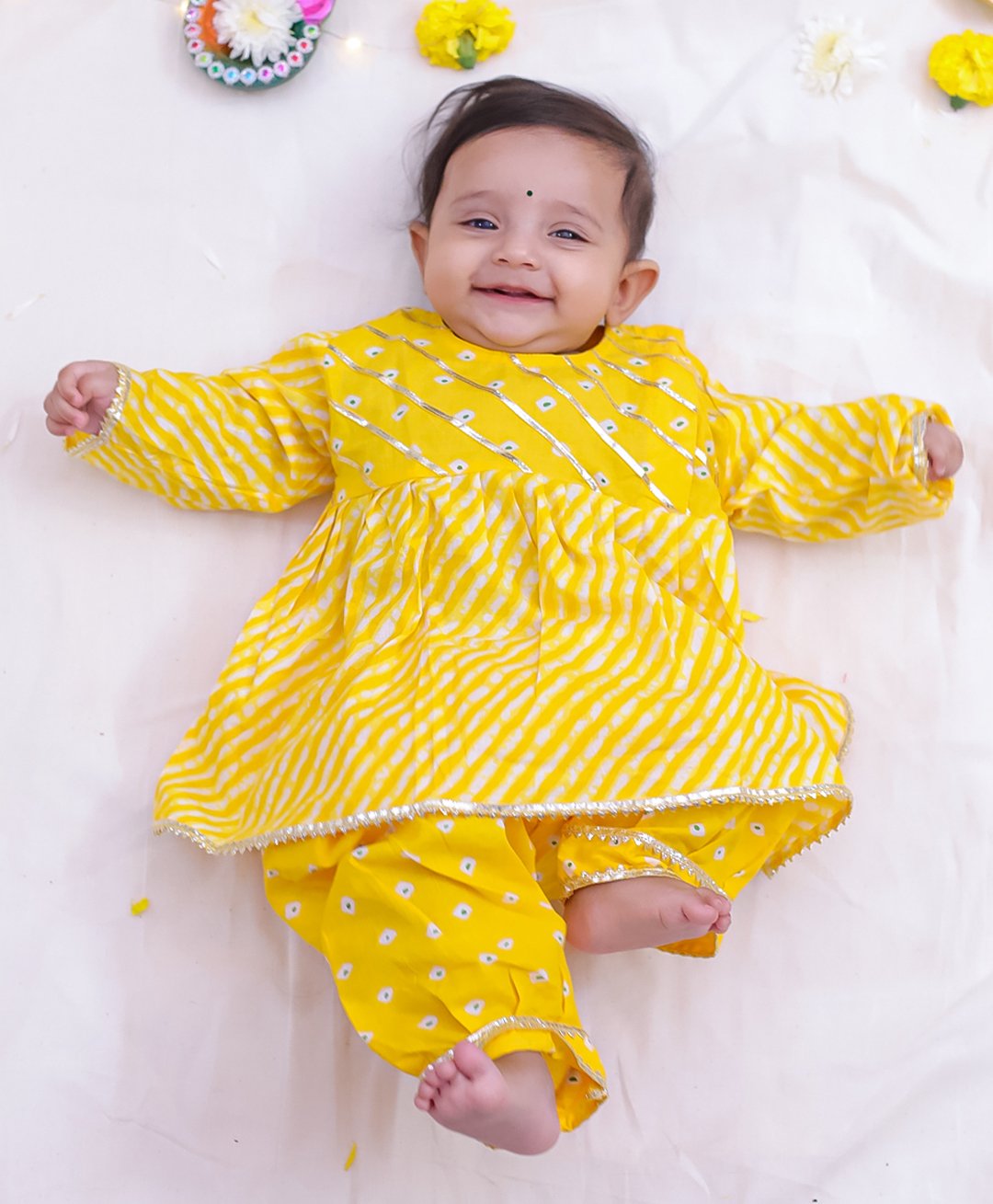 KID1 Cotton Full Sleeves Leheriya Printed Lace Embellished Kurta Pant Set - Yellow-image-34