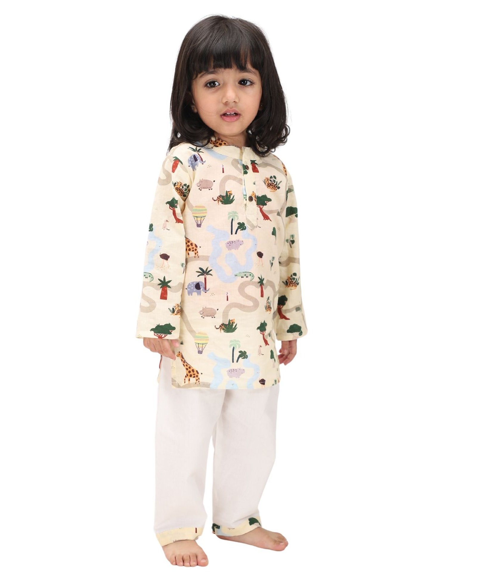 Mama & Peaches Cotton Full Sleeves Jungle Safari Printed Kurta Pyjama Set - Multi Colour-image-11