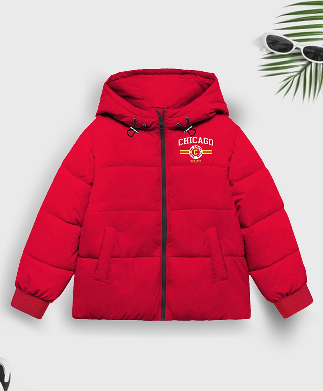 Trampoline Full Sleeves Chicago Text Printed Padded Hooded Jacket - Red