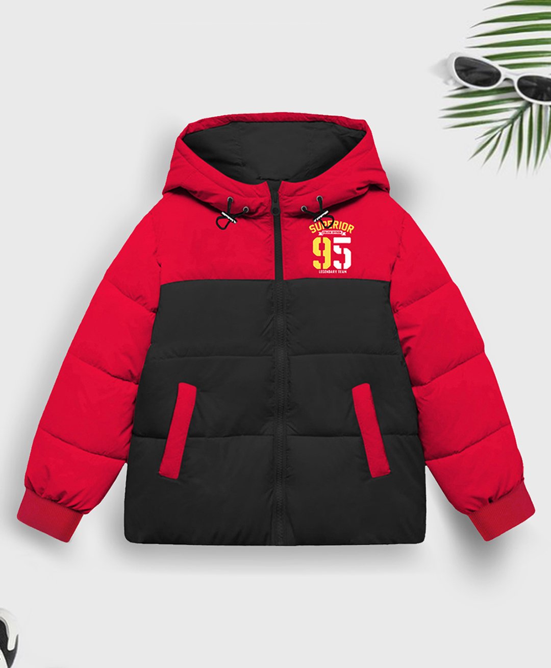 Trampoline Full Sleeves Colour Blocked & Superior Text Printed Hooded Padded Jacket - Red & Black