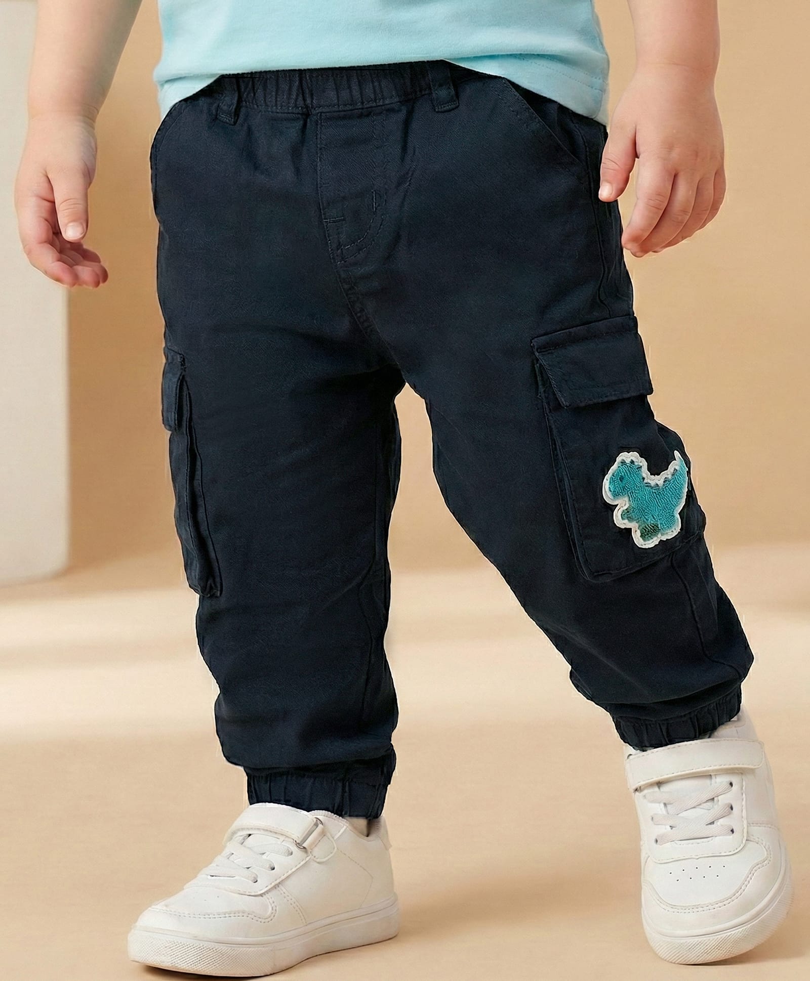 Babyoye Twill Lycra Full Length Solid Coloured Trousers With Dinosaur Embroidery & Side Pockets - Navy Blue-picture-25