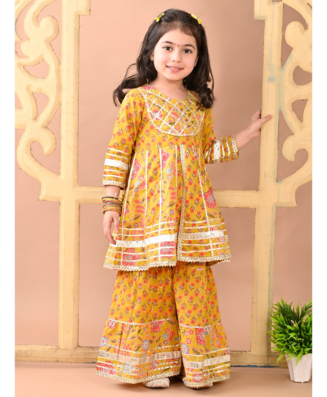 Superminis Cotton Three Fourth Sleeves Floral Printed & Gota Lace Embellished Kurta Sharara Set - Mustard-picture-34