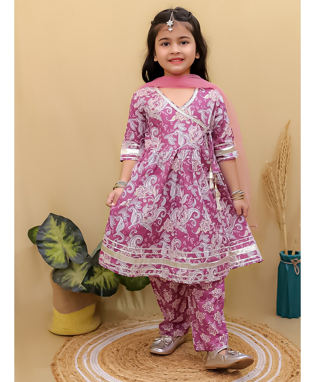 Superminis Cotton Half Sleeves Floral Printed & Lace Embellished Kurta Pant with Dupatta Set - Purple-picture-27