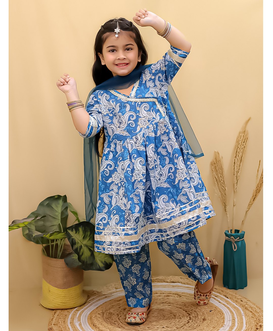 Superminis Cotton Half Sleeves Floral Printed & Lace Embellished Kurta Pant with Dupatta Set - Blue-picture-27