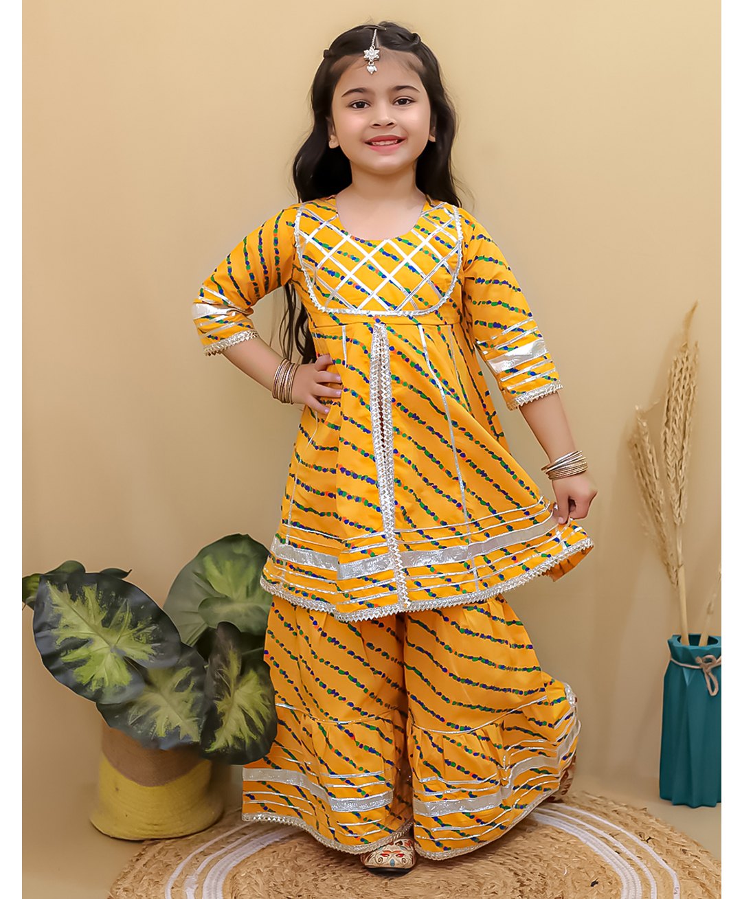 Superminis Cotton Three Fourth Sleeves Abstract Printed Gota Lace Embelished Kurta With Coordinating Sharara Set - Yellow-picture-28