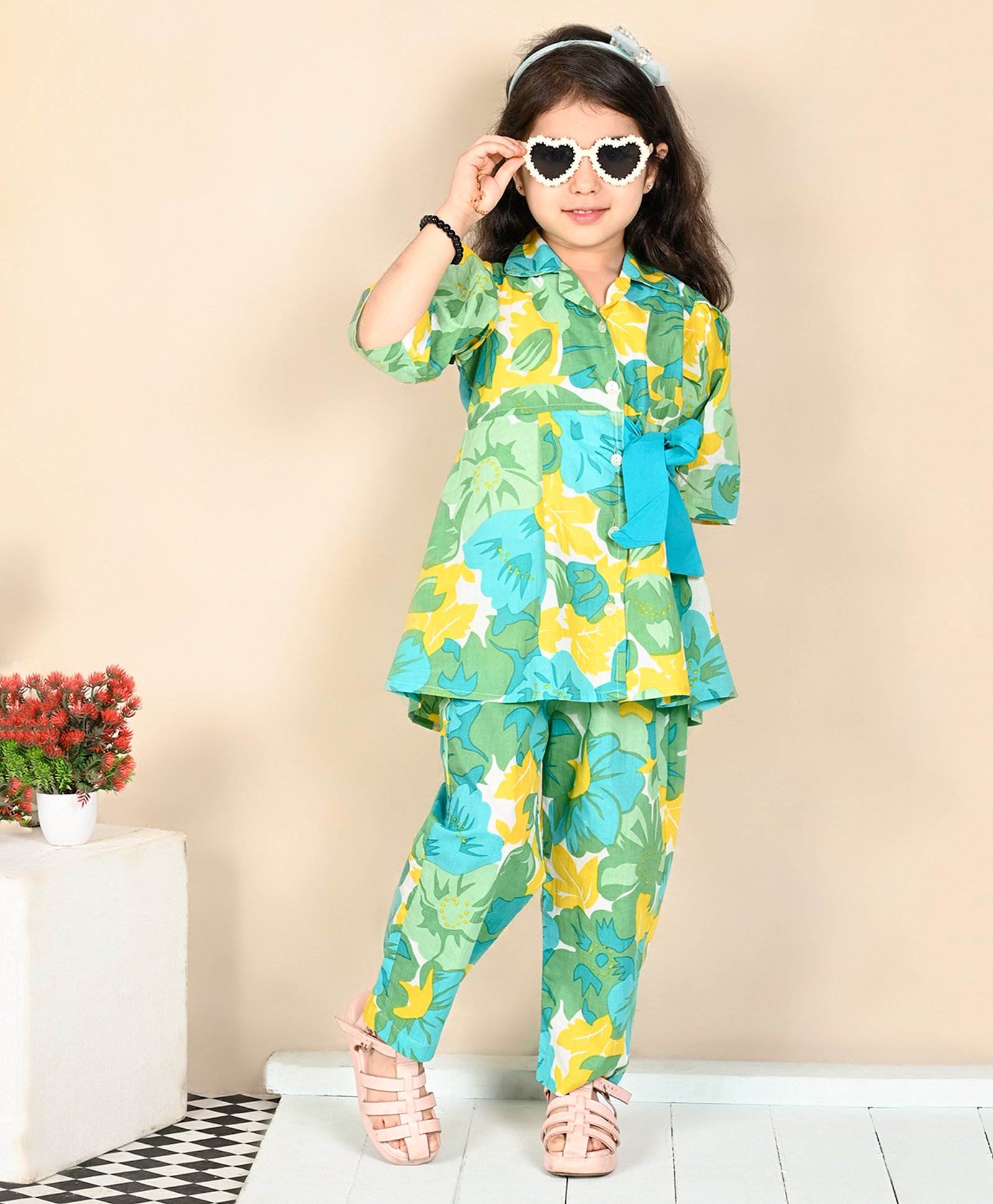 Superminis Cotton Full Sleeves Floral Printed Shirt Style Top With Coordinating Pant Set - Green-image-32