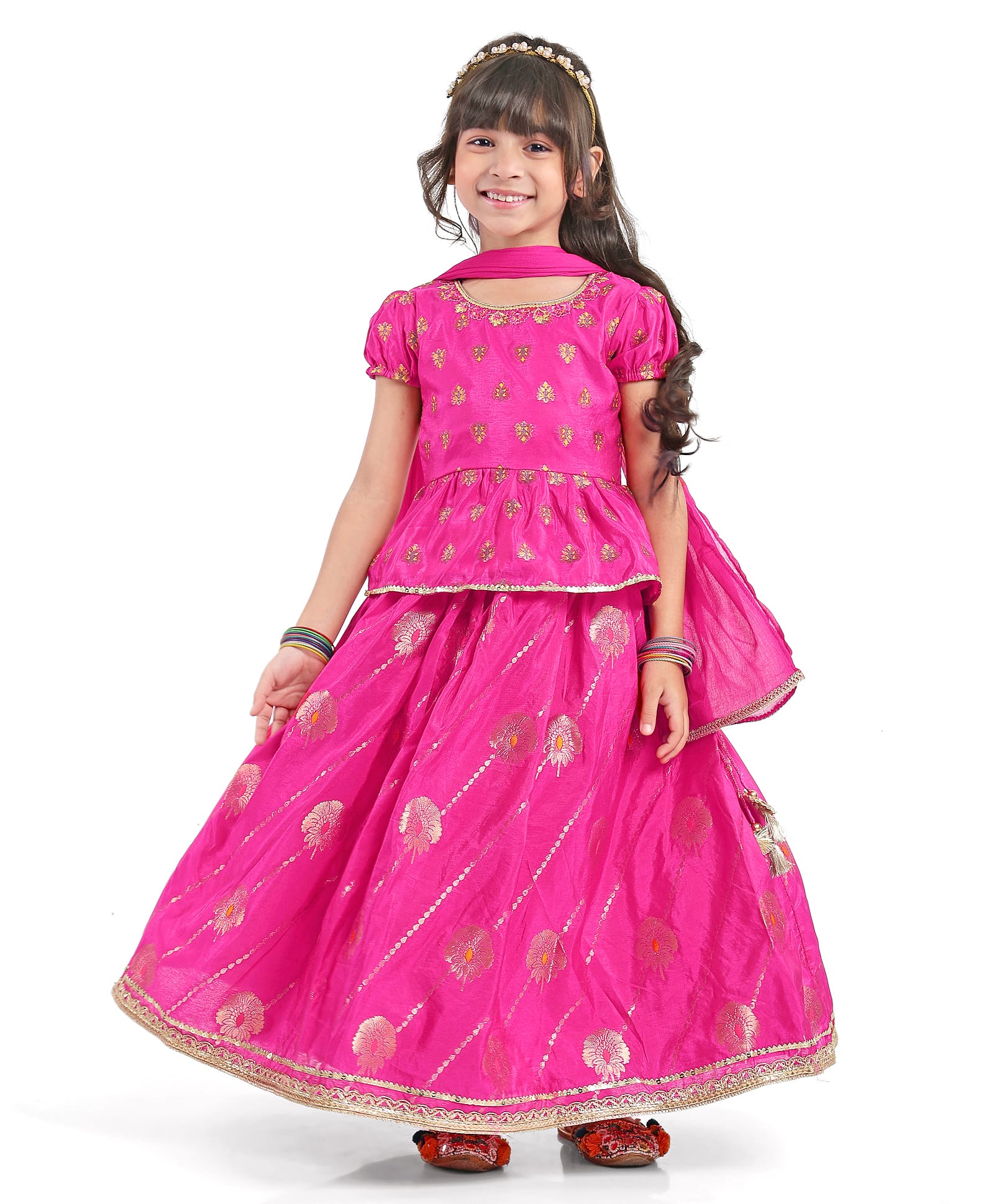Babyhug Woven Half Puffed Sleeves Lehenga Choli & Dupatta Set with Lace Detailing - Fuchsia-image-42