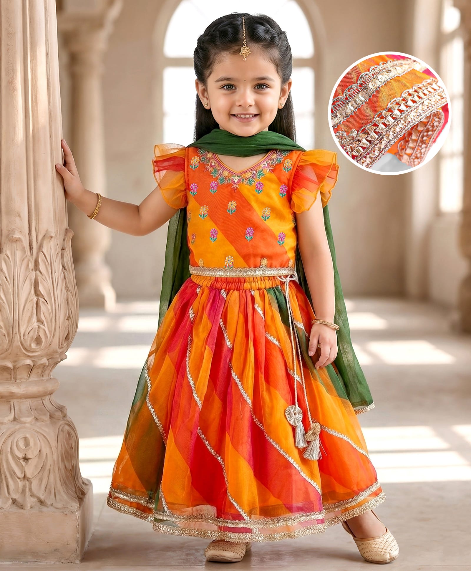 Babyhug Woven Frill Sleeves Floral Embroiderd Choli Lehenga Set with Dupatta & Lace Detailing - Orange & Green-image-47