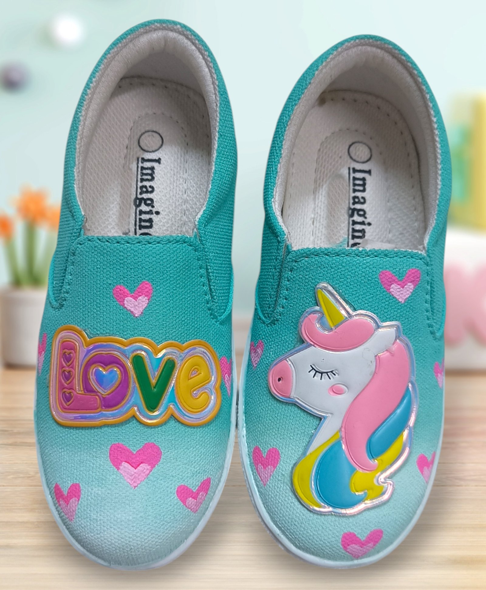 IMAGINO Love Text & Unicorn Embellished Hand Painted Canvas Shoes - Mint-image-32