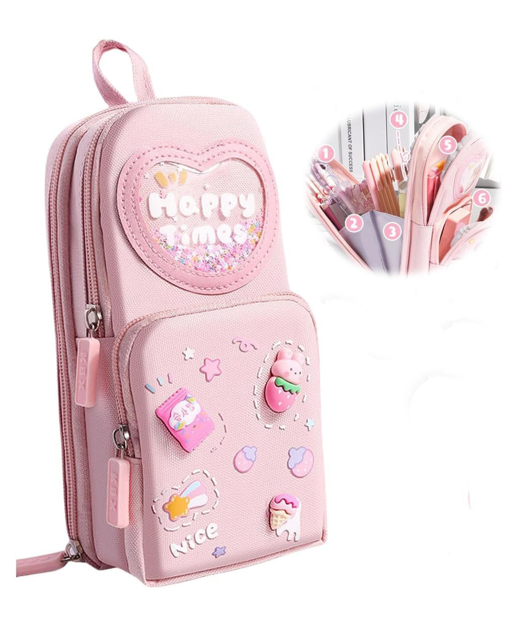 Elecart Kawaii Large Capacity Pencil Case with 3Compartments, Multifunctional Stationery Organizer for School Office, Students, Stationery Box, Cosmetic Zip Pouch Bag for Girls- Pink-picture-48