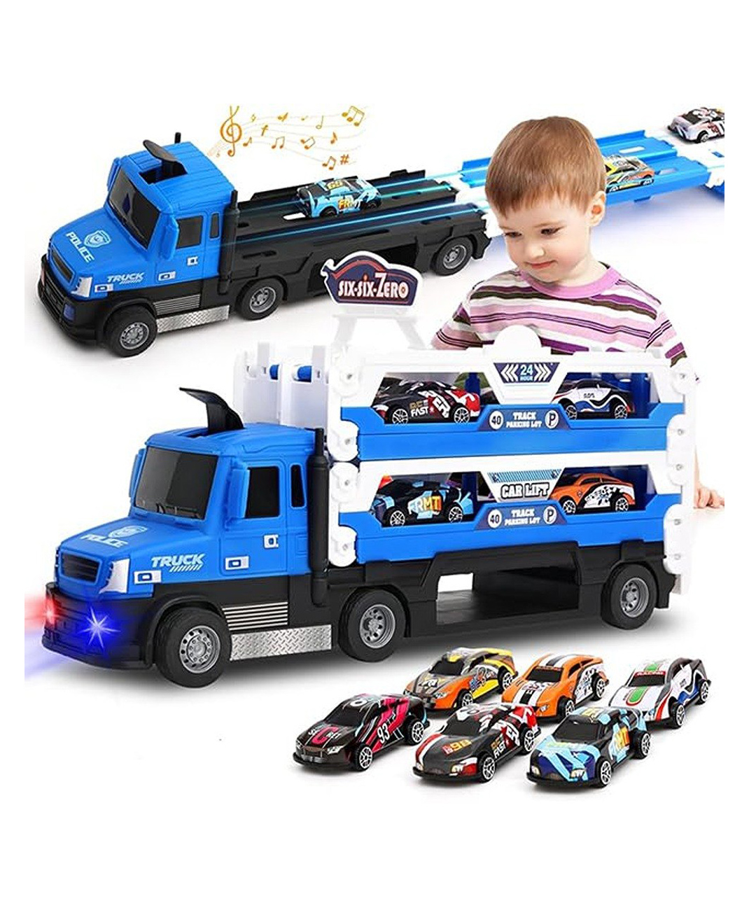 HAPPY HUES Big Hauler Storage & Deform Truck Toy with 55 inch 2 Ejection Race Track & 6 Die-cast Cars- Catapult Truck with LED Light & Music for Kids- Blue-image-32