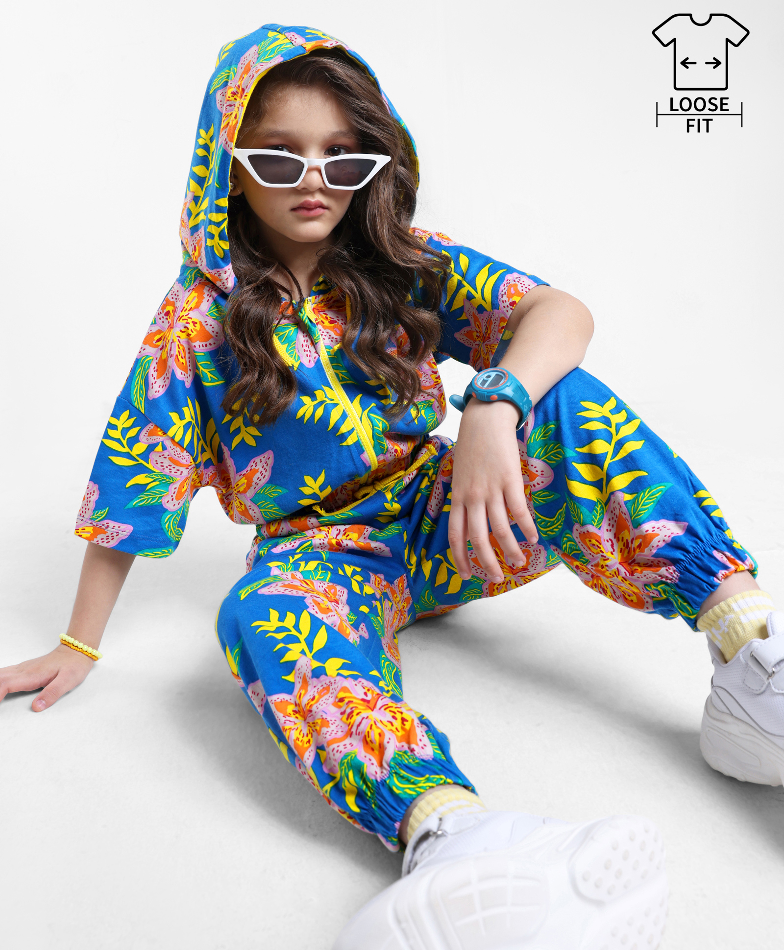 OLLINGTON ST. Cotton Floral Printed Co-Ord Set OF Half Sleeves Hoodie & Joggers - Multicolor-image-23