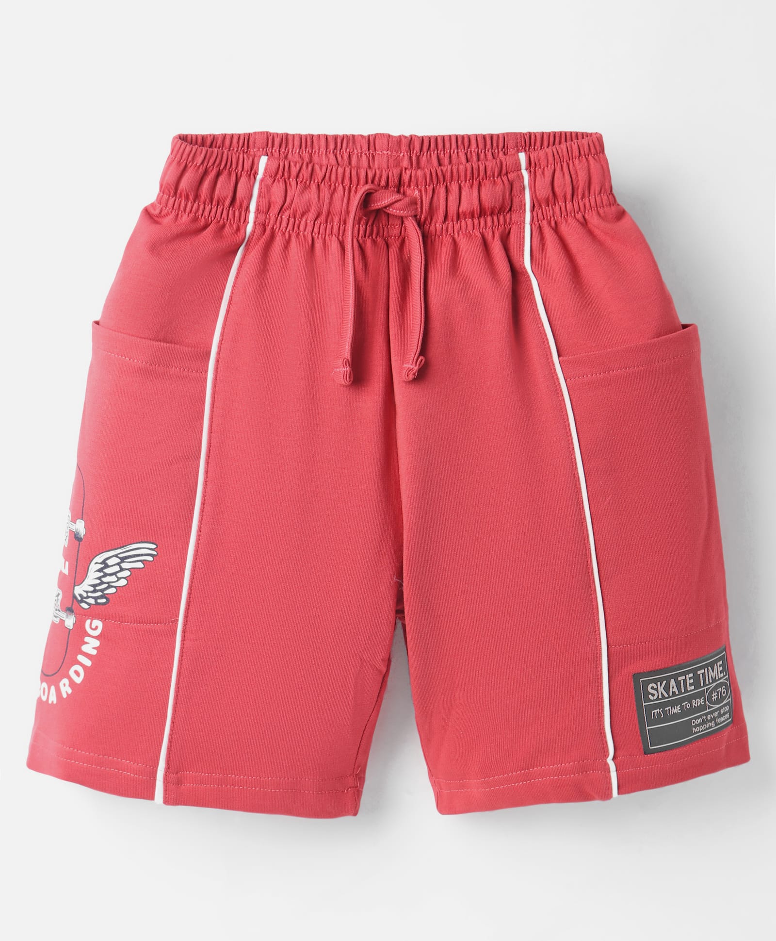 CUCU FUN Sinker Knit Above Knee Length Shorts with Skating Print & Patch - Red-picture-22