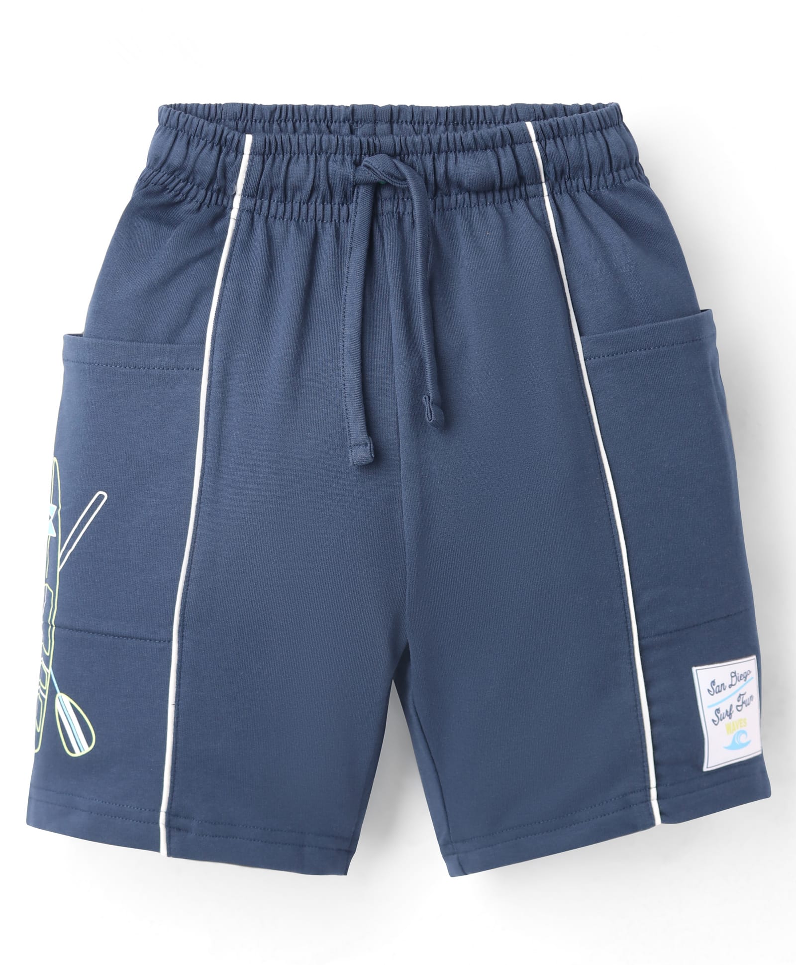 CUCU FUN Sinker Knit Above Knee Length Shorts with Surfing Print & Patch - Navy Blue-picture-26