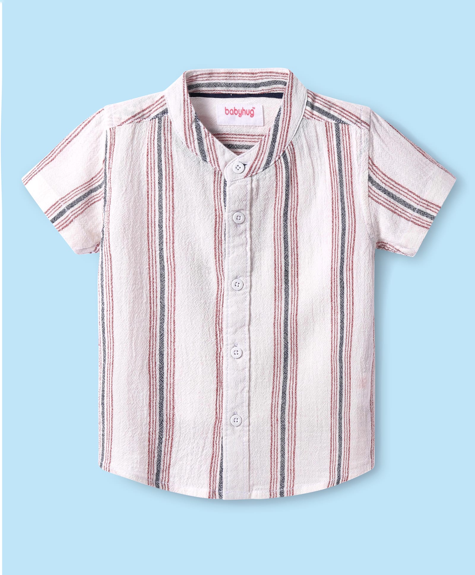 Babyhug Cotton Knit Half Sleeves Mandarin Collar Striped Shirt - White-picture-11