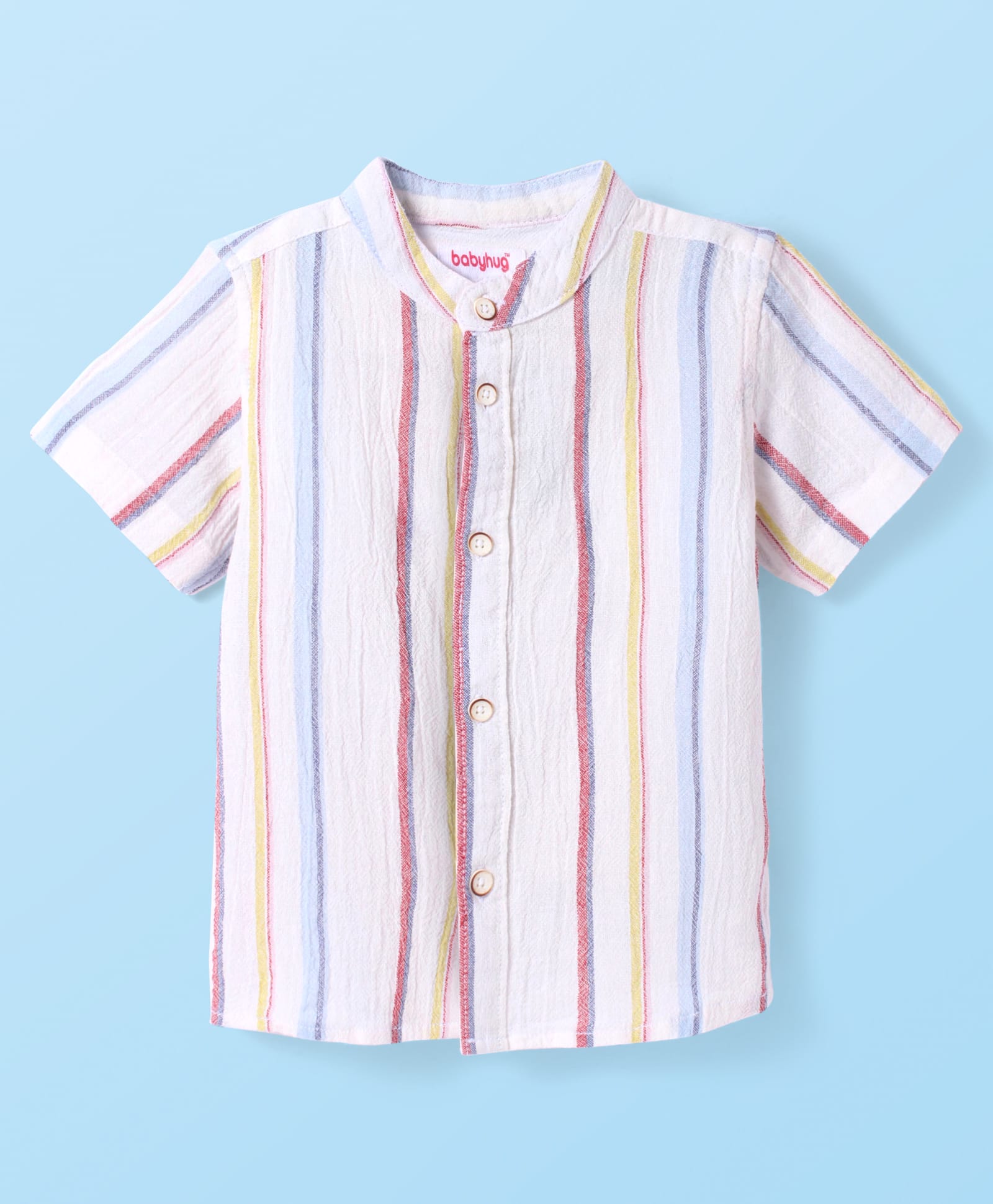 Babyhug Cotton Woven Half Sleeves Mandarin Collar Stripe Shirt - White & Pink-image-13