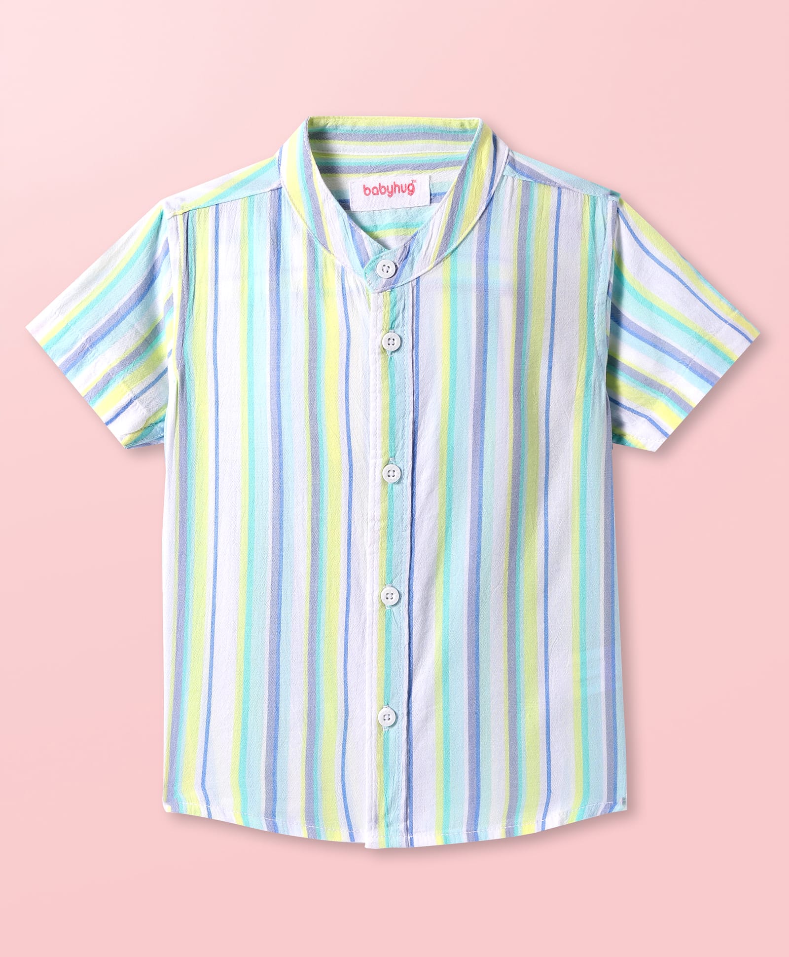 Babyhug Cotton Woven Half Sleeves Mandarin Collar Shirt with Stripes -Light Blue & White-image-8